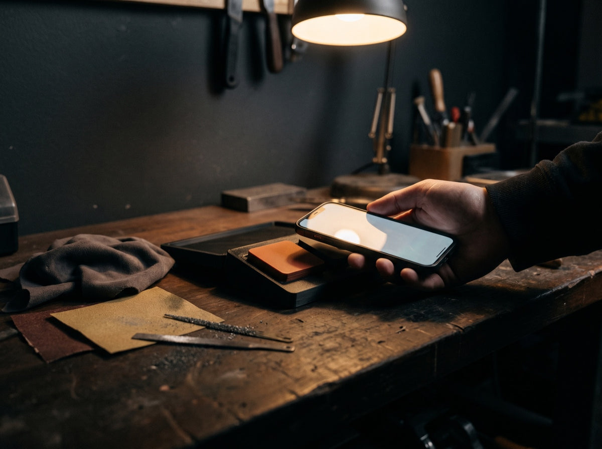 Illustration of the finishing step: a phone tap-testing a finished tile