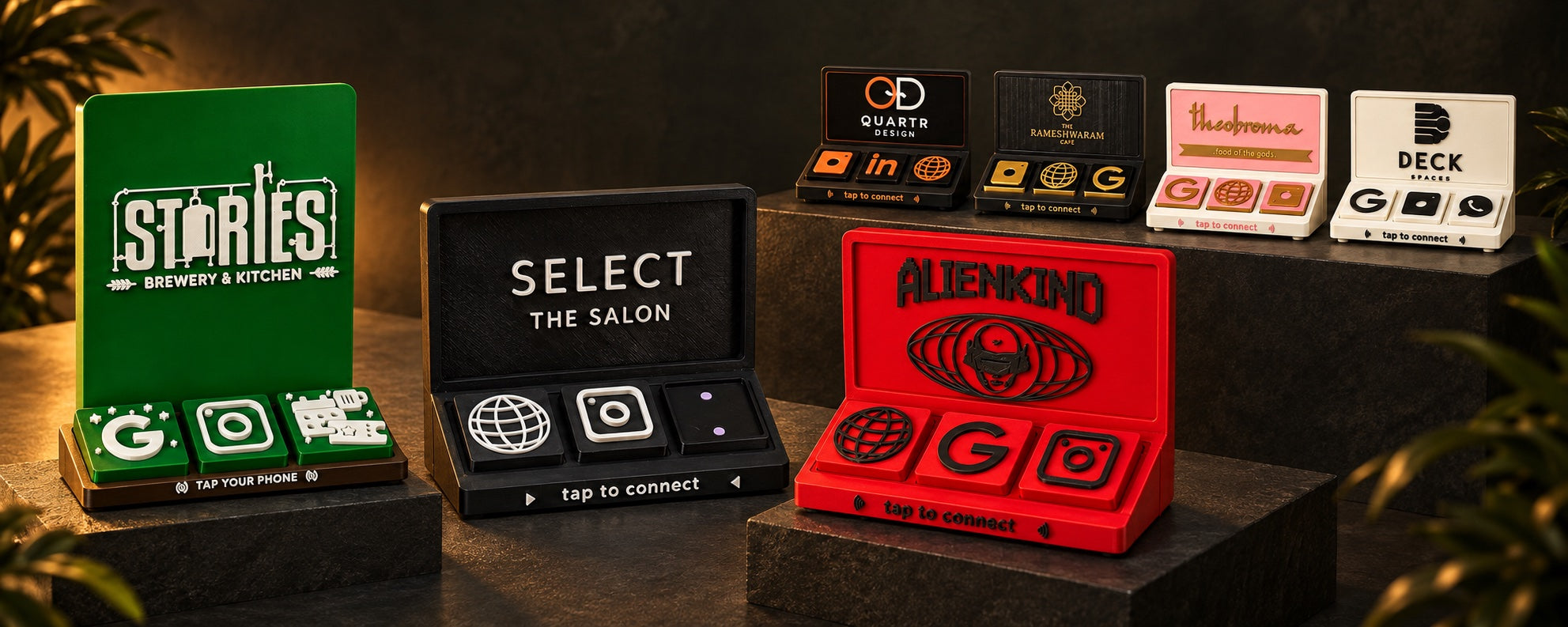 Edited studio collage of Social tab bars for a brewery, salon and burger café alongside four additional branded colourways