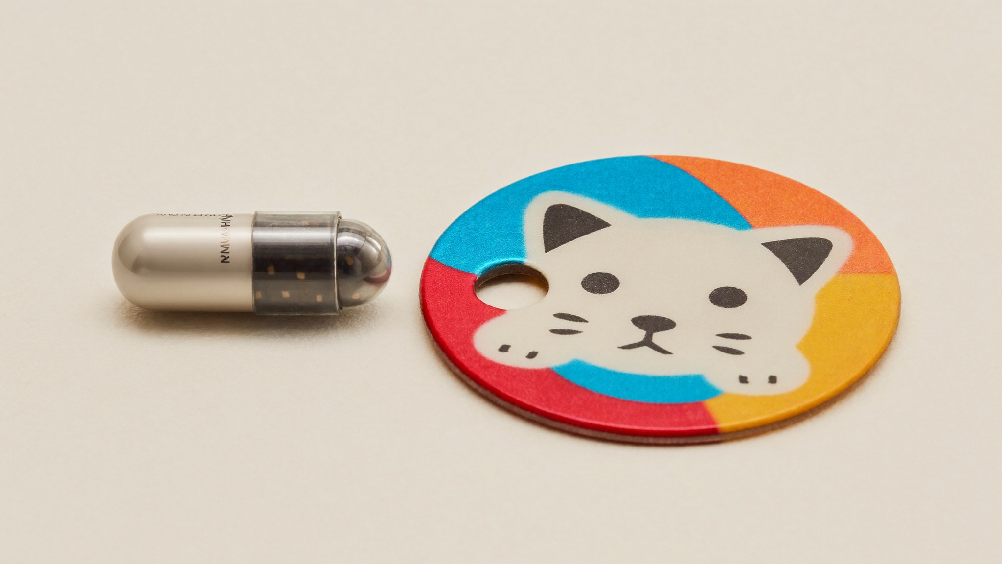 A tiny microchip capsule beside a modern colorful NFC pet tag on a neutral background