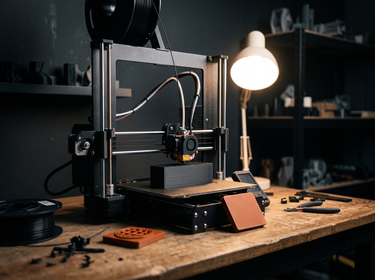 Inside the thingness studio — a printer mid-run on the workbench