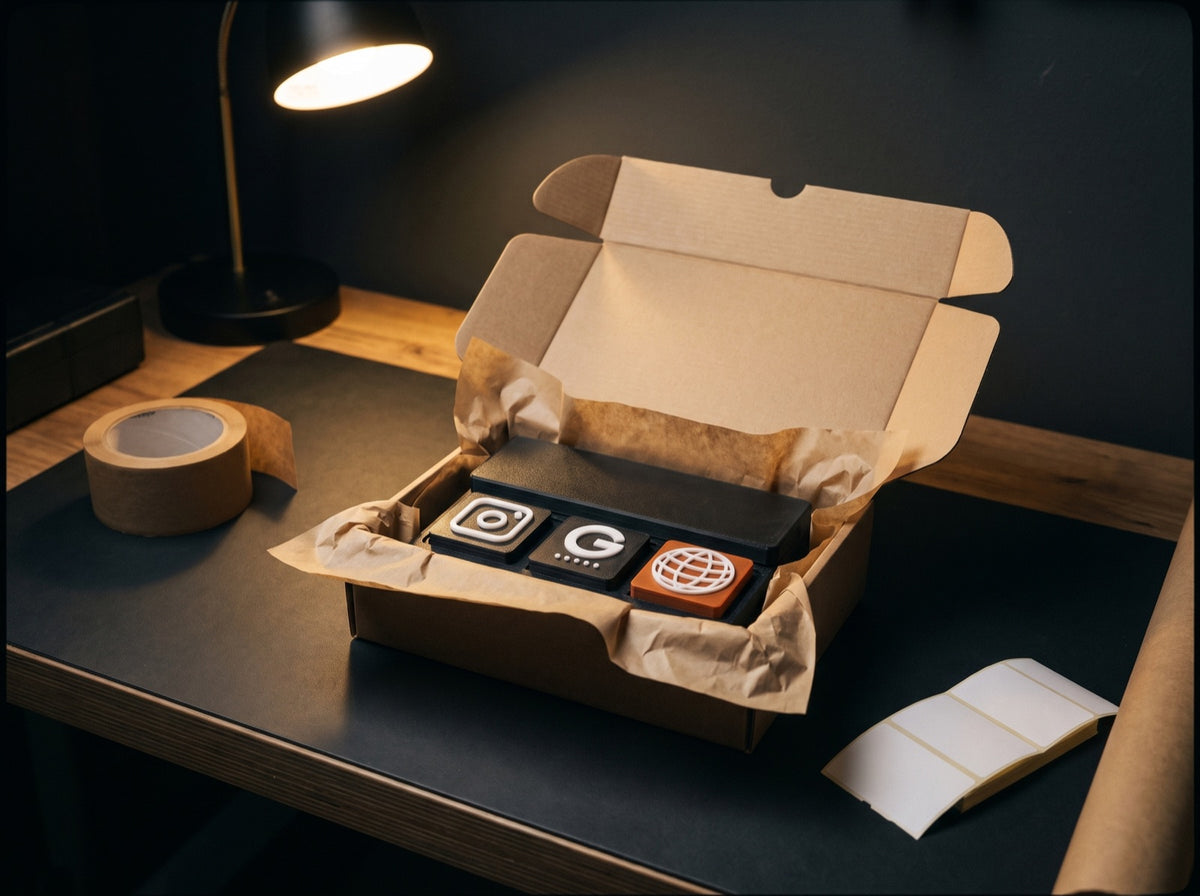 Illustration of the packing step: a finished tap bar boxed in a kraft mailer