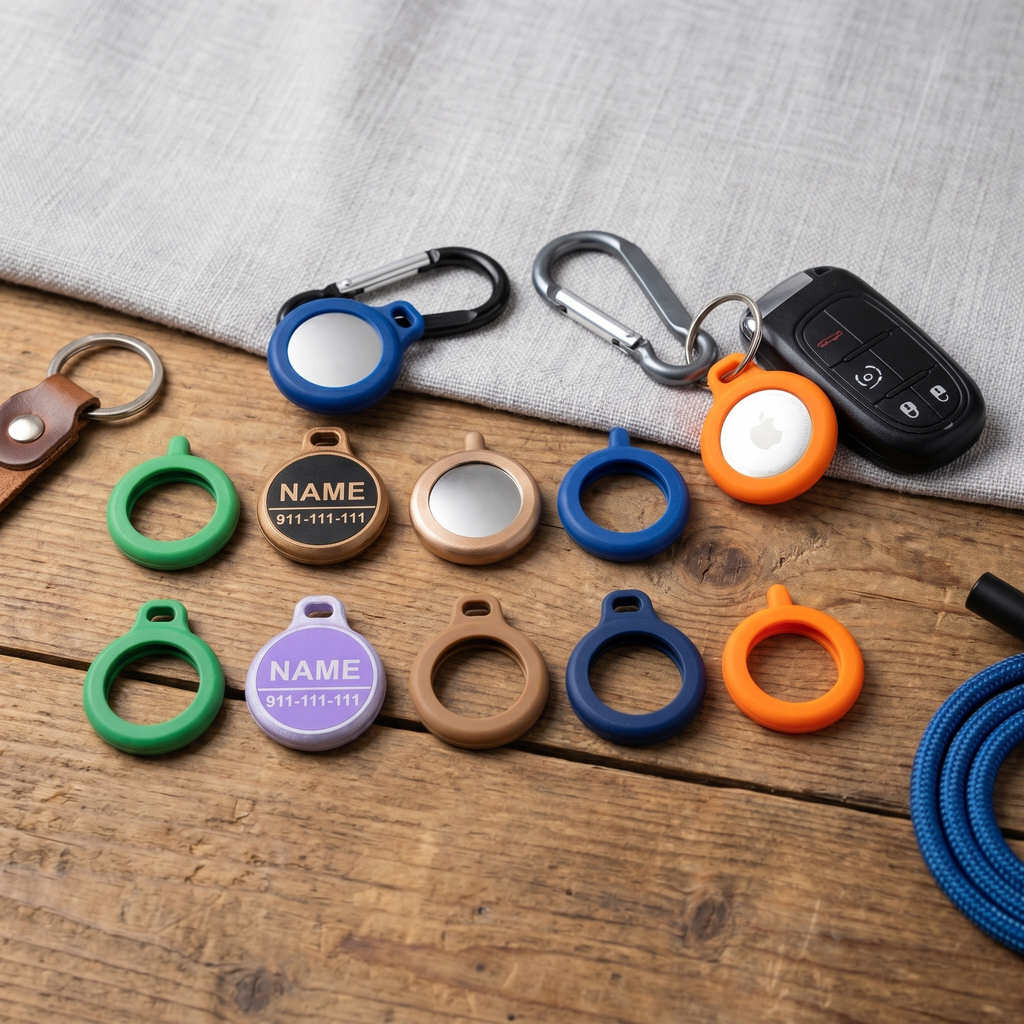 3D printed AirTag holders in green, lilac, tan, navy, and orange — keychain and pet collar versions with engraved name plaque