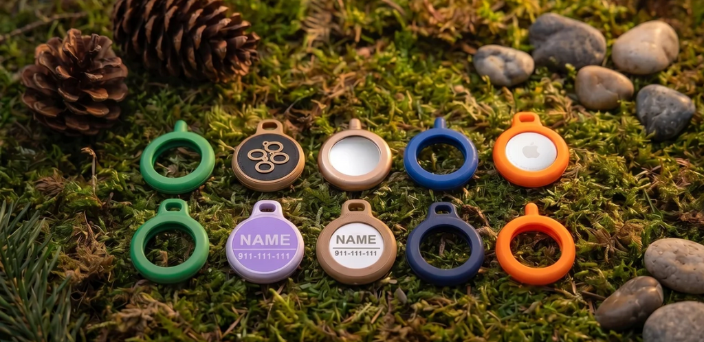 3D printed AirTag holders and engraved pet ID name plaques in multiple colors on a natural mossy background