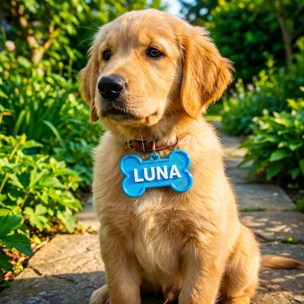 Bone-shaped NFC pet tag with name BRUNO in two-tone 3D print on wood background