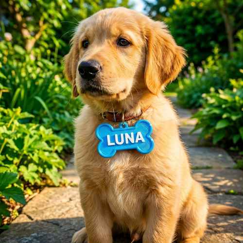 Bone-shaped NFC pet tag with name BRUNO in two-tone 3D print on wood background