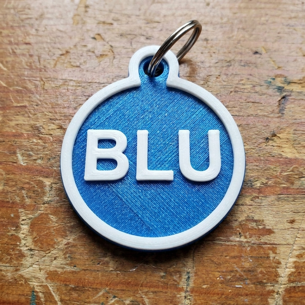 Blue bone-shaped pet tag with name MAX and paw print, and brown round tag on dog collar