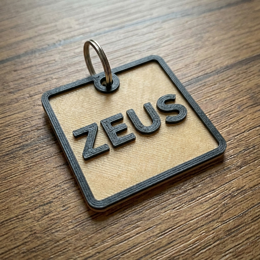 Close-up of blue bone NFC pet tags with names BLU and ZEUS in two-tone 3D print