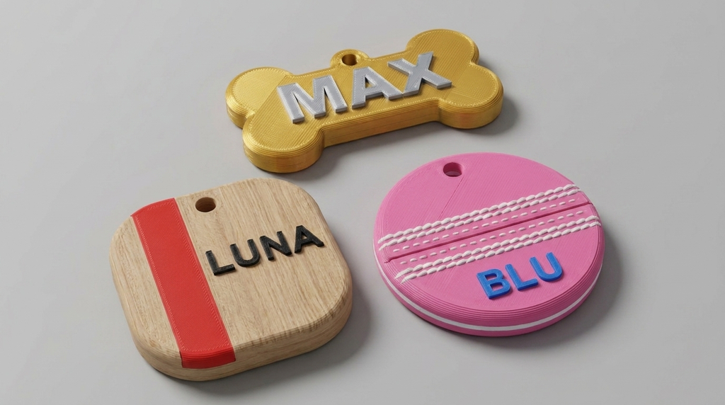 Wood-tone bone tag MAX and gold round tag ZEUS — premium 3D-printed NFC pet tags