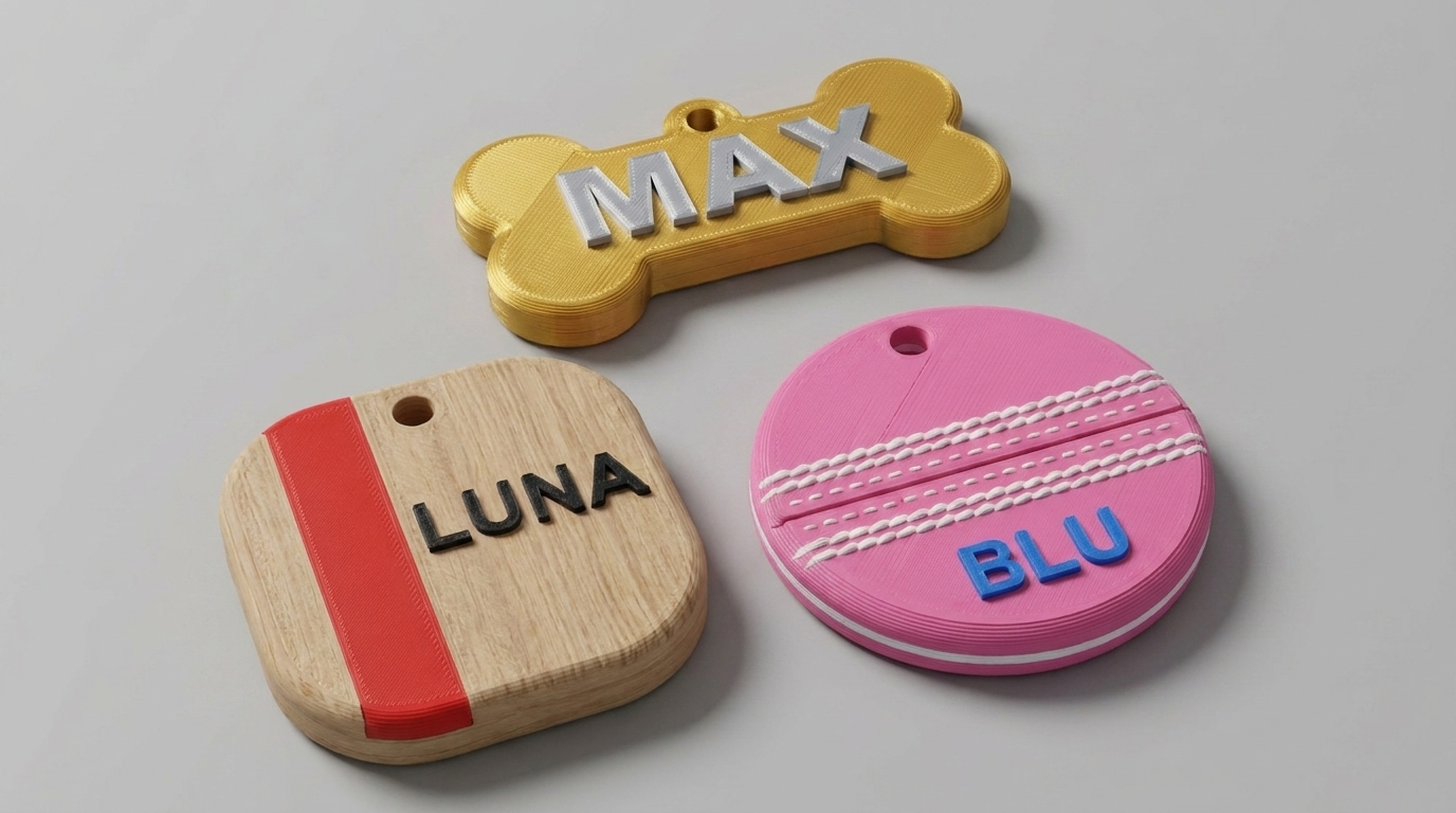 Wood-tone bone tag MAX and gold round tag ZEUS — premium 3D-printed NFC pet tags