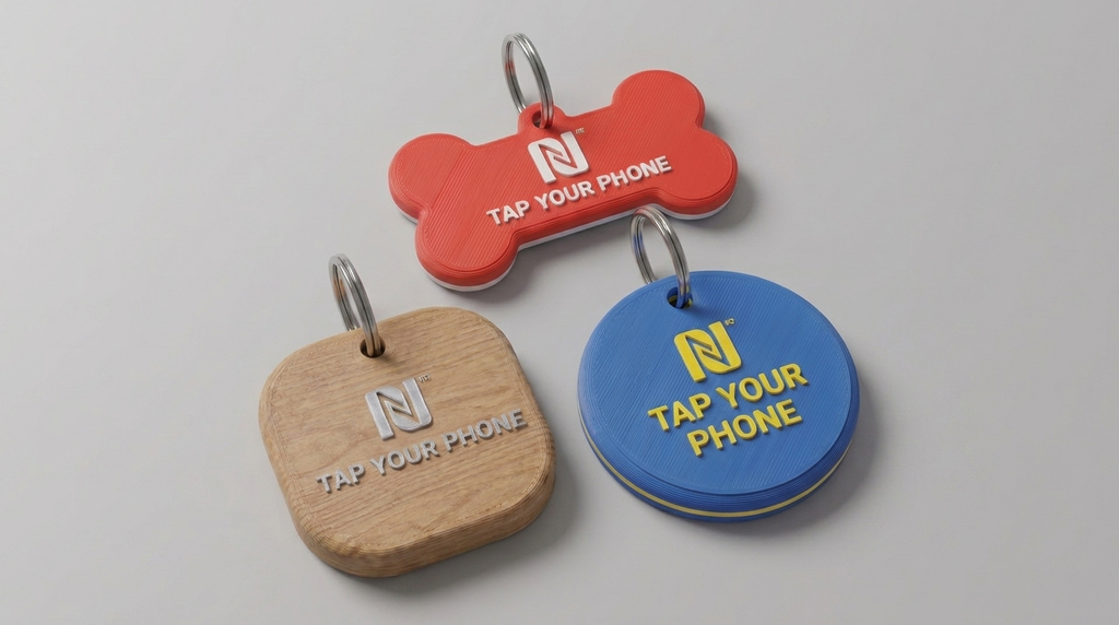 Blue and orange round NFC pet tags showing tap-your-phone NFC scanning feature