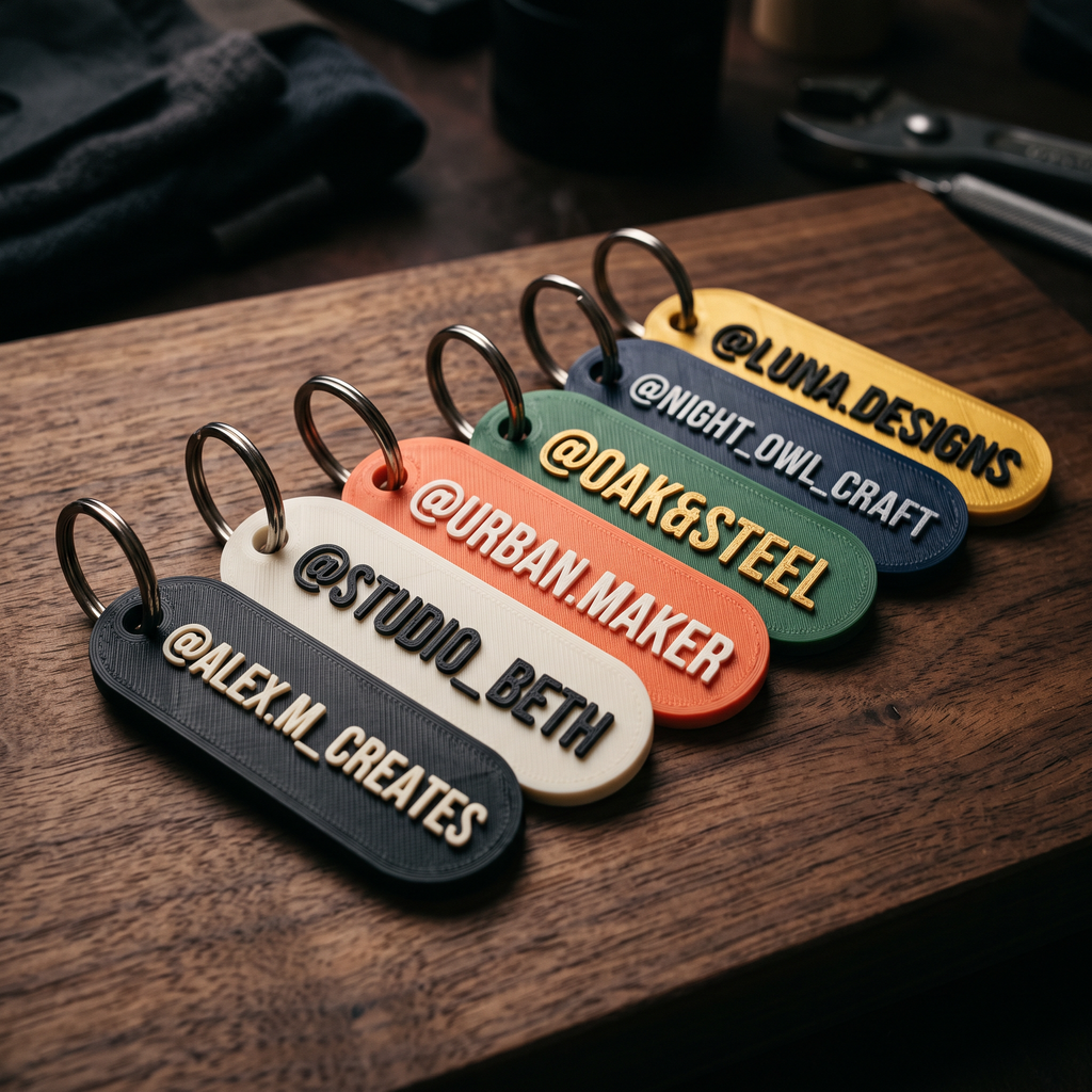 Six 3D-printed NFC keychain tags fanned out in black, bone white, coral, green, navy and gold, each with a different username in raised contrasting lettering
