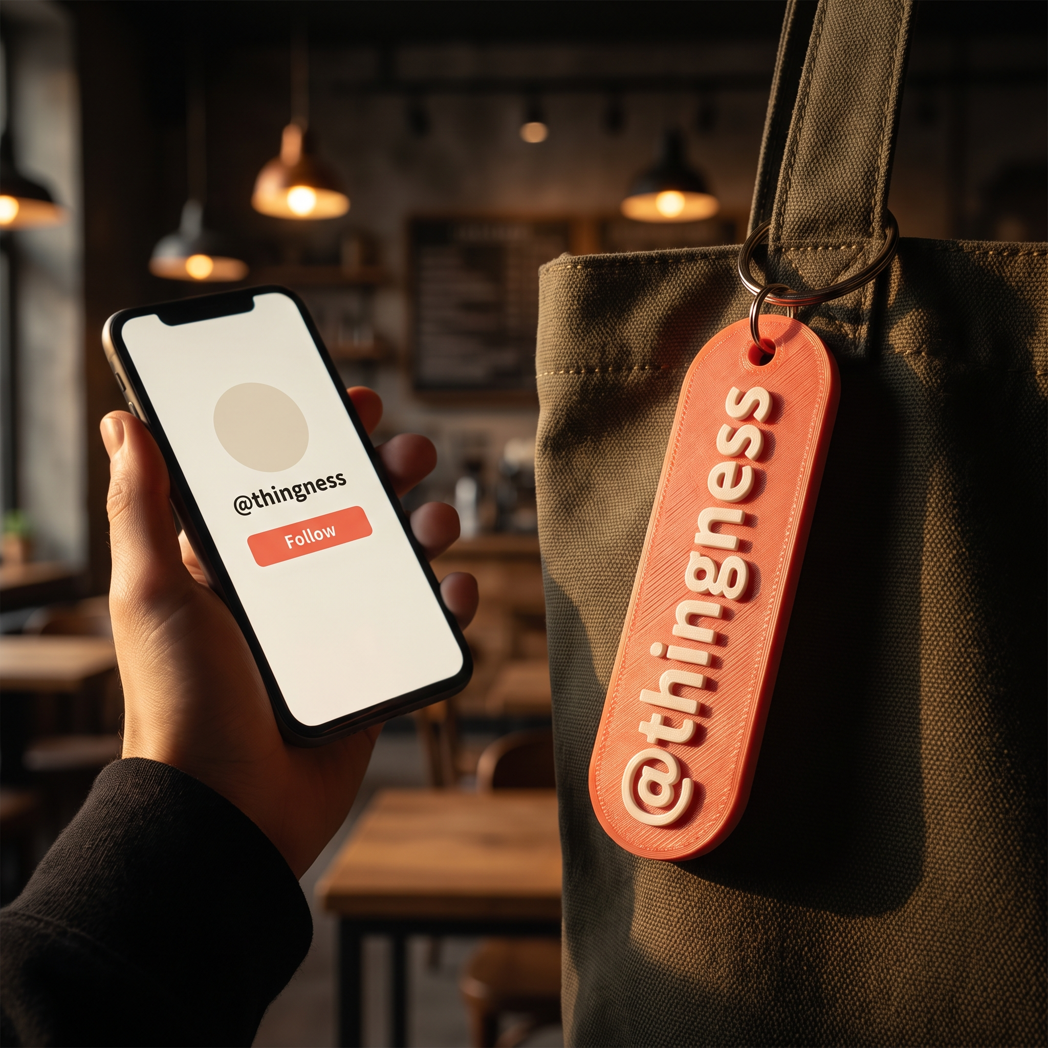 A coral 3D-printed NFC keychain hanging from a canvas tote bag strap while a phone held beside it shows the social profile the tap opened