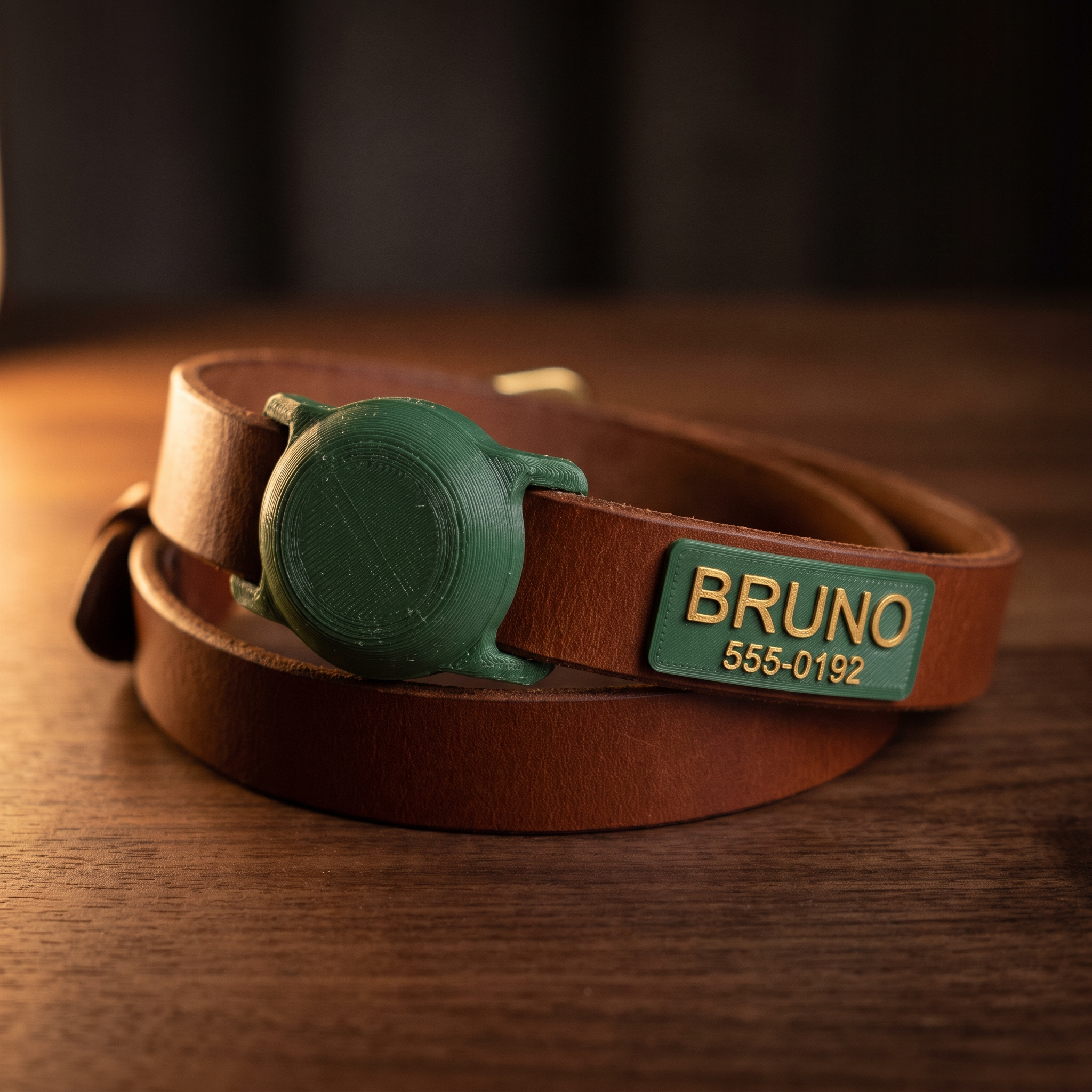 A green 3D-printed AirTag holder threaded onto a tan leather dog collar beside a matching name plaque reading BRUNO with a phone number in gold lettering