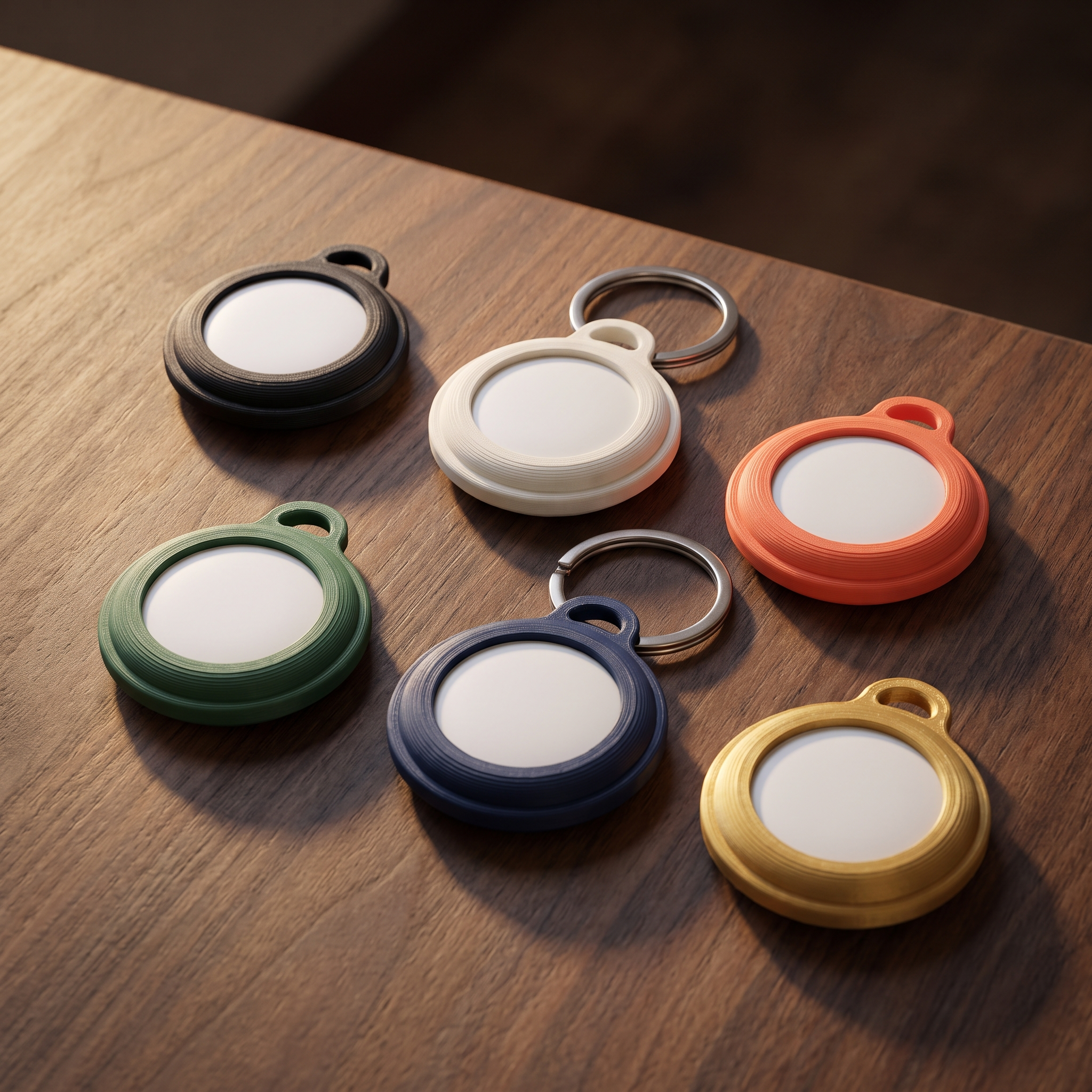 Six 3D-printed AirTag holders laid out in black, bone white, coral, green, navy and gold, each holding a white tracker disc, two on steel keyrings
