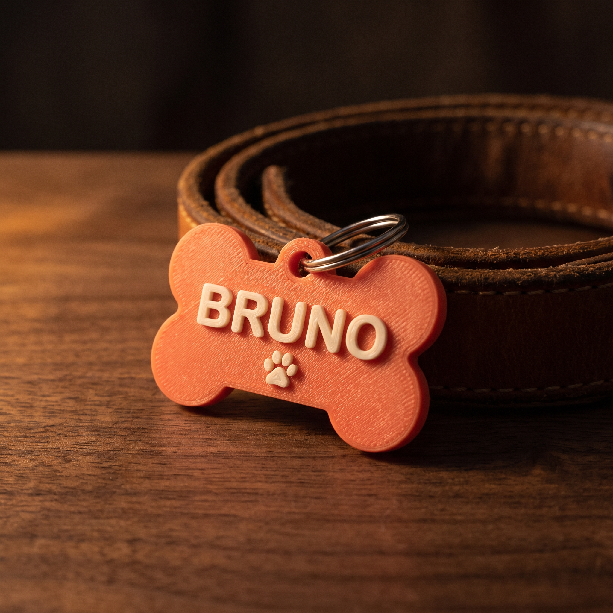 The pet tag from the Collar Set — a coral bone-shaped 3D-printed tag reading BRUNO with a paw print, attached to a tan leather collar