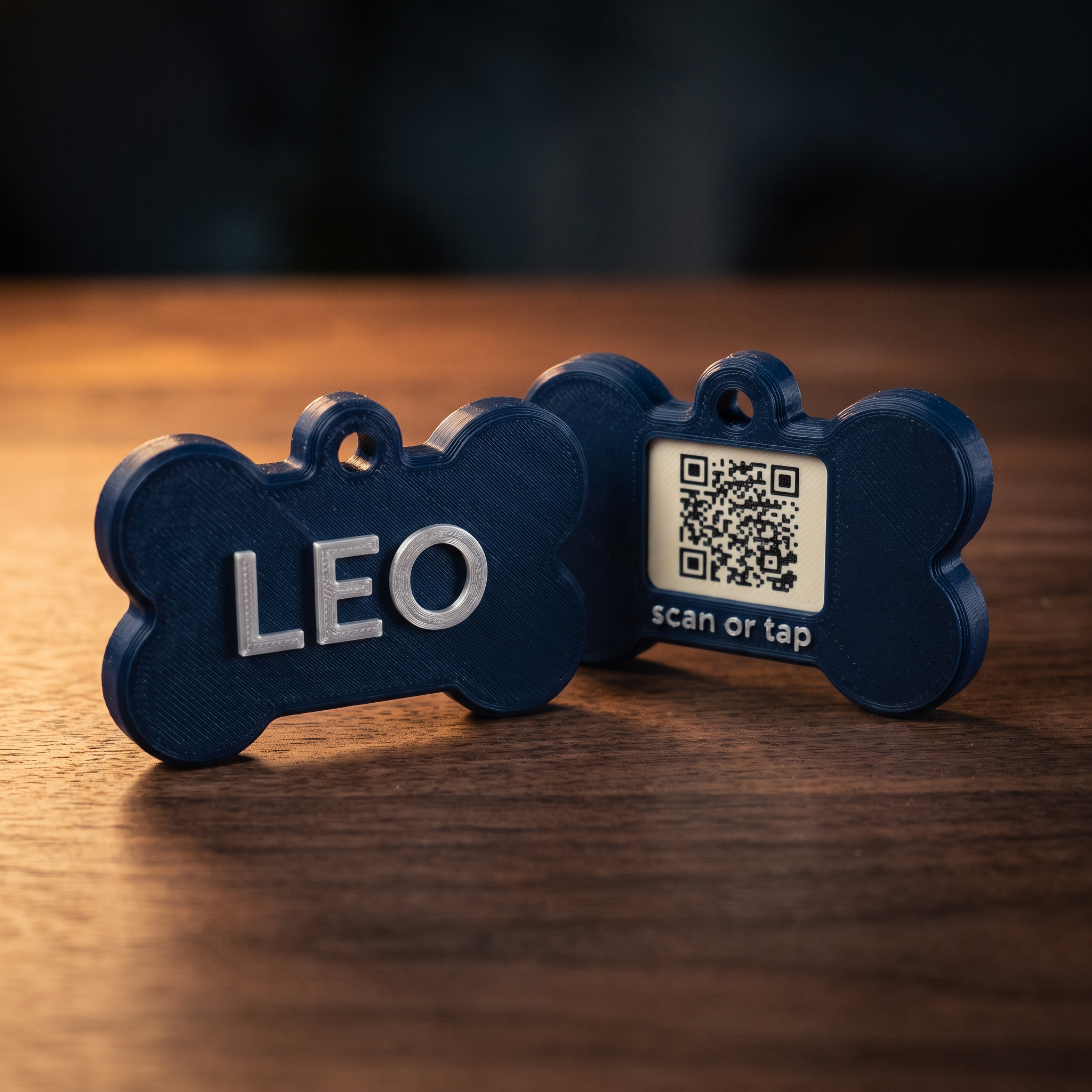 Two navy bone-shaped 3D-printed pet tags, one showing the name LEO in silver lettering and the other flipped to show the QR code panel and the words scan or tap