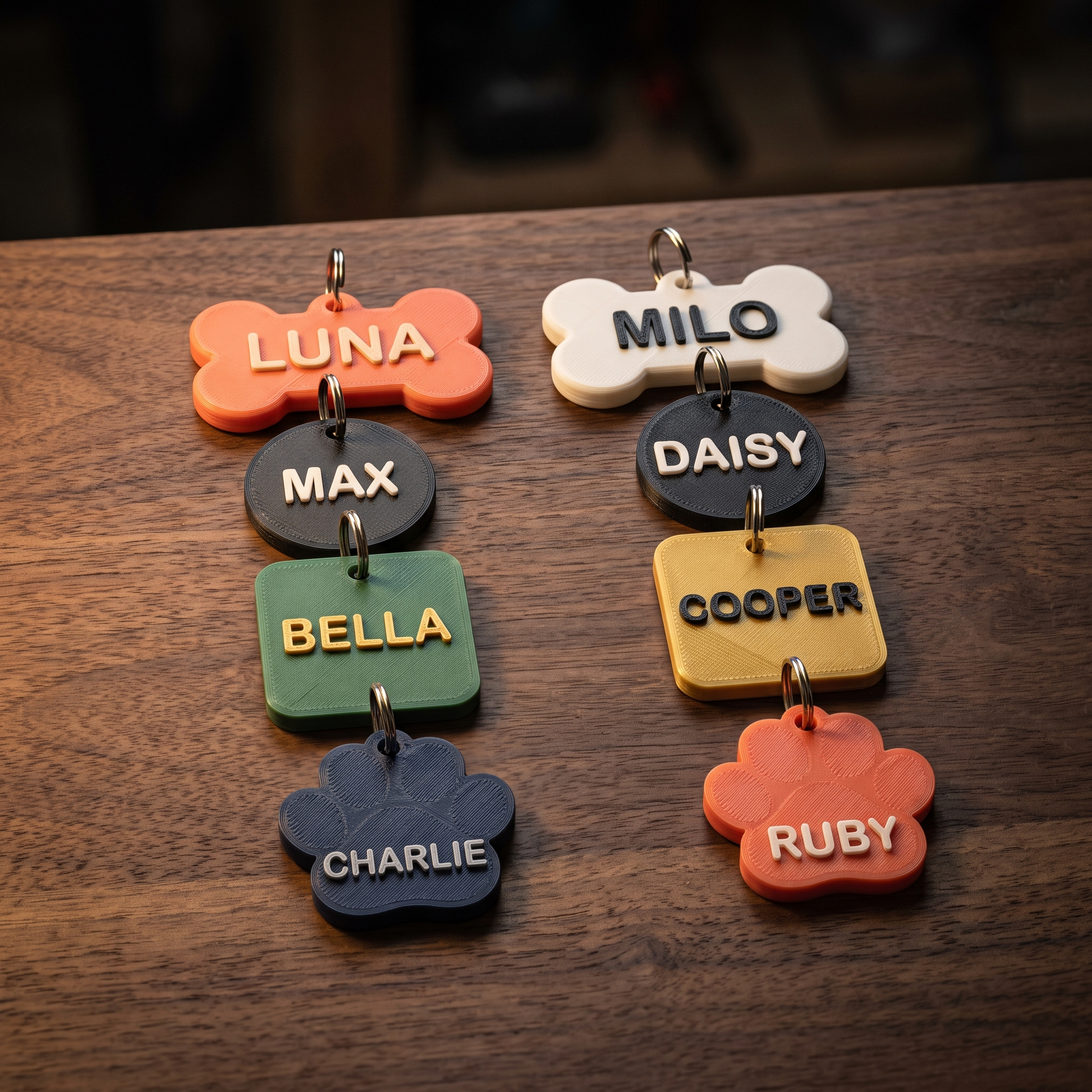 Eight 3D-printed pet tags in bone, round, square and paw shapes, in coral, black, green, navy, bone white and gold, each with a different pet name