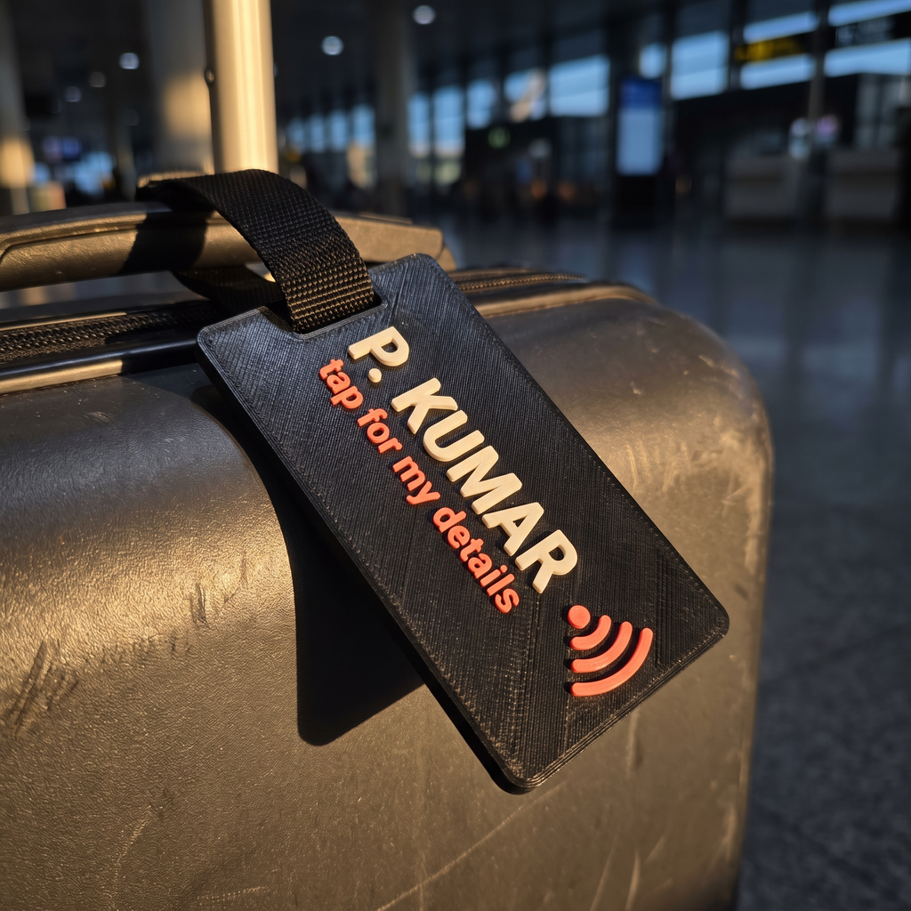 The luggage tag from the Bag Set — a matte black 3D-printed NFC tag strapped to a suitcase handle, reading P. KUMAR above tap for my details