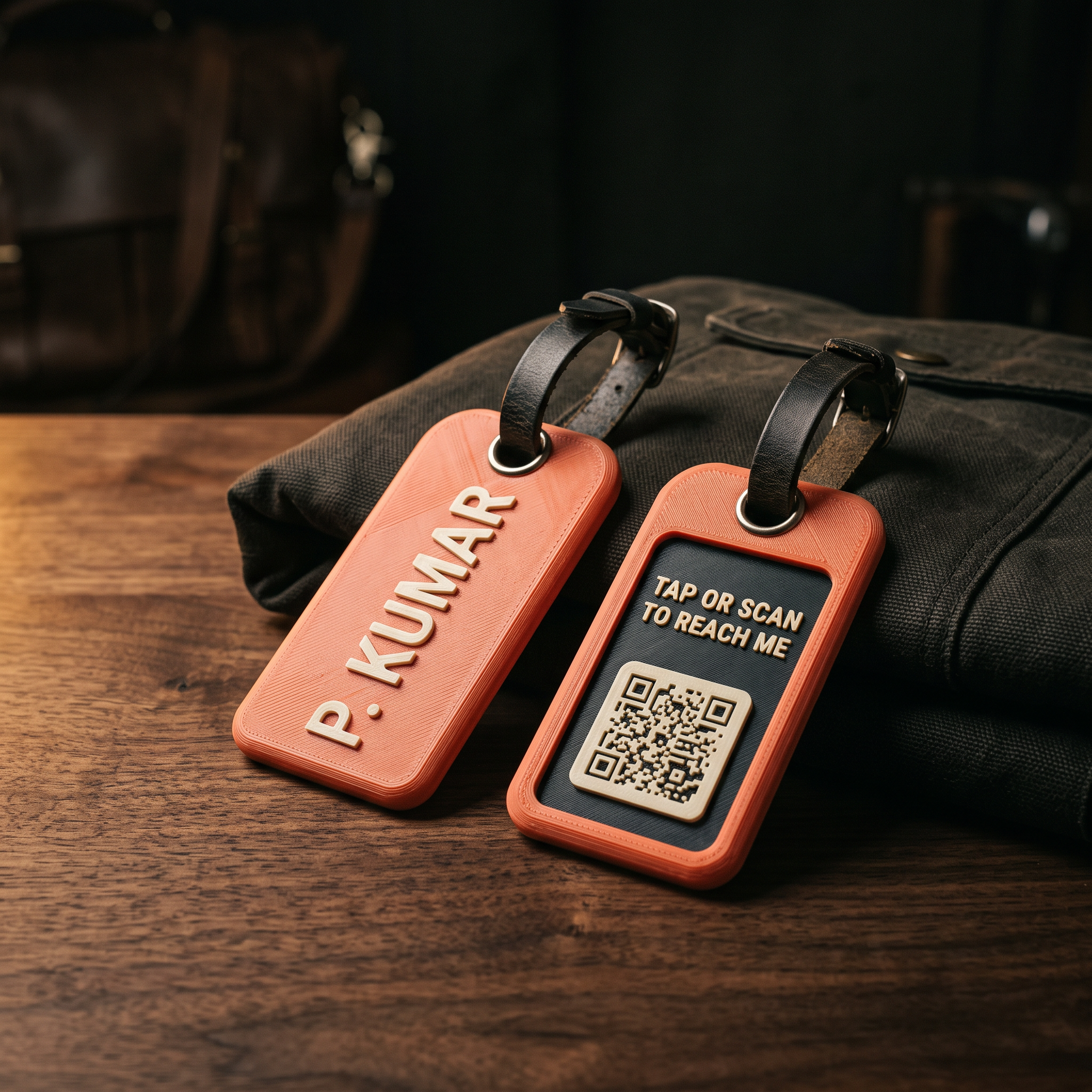 Two coral 3D-printed luggage tags, one reading P. KUMAR and the other flipped to show the QR code panel and the words tap or scan to reach me