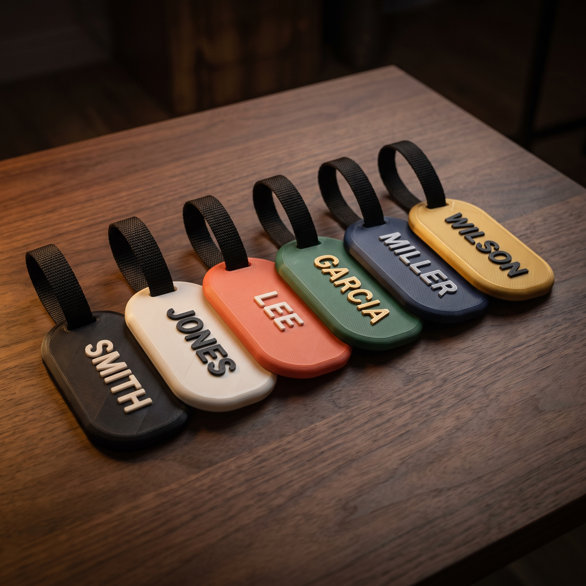 Six 3D-printed NFC luggage tags in black, bone white, coral, green, navy and gold, each with a raised surname and a black woven strap loop