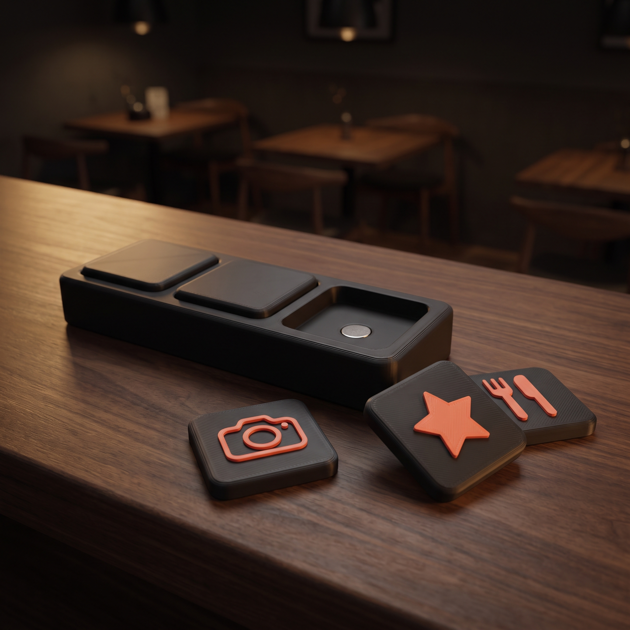 A matte black Social Tap Bar on a cafe counter with one seat empty showing its magnet, and three loose square tiles beside it carrying coral camera, star and cutlery symbols