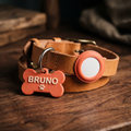 The Collar Set on a tan leather collar — a coral bone-shaped pet tag reading BRUNO with a paw print, and a matching coral AirTag holder in the same colour and finish, threaded onto the same strap