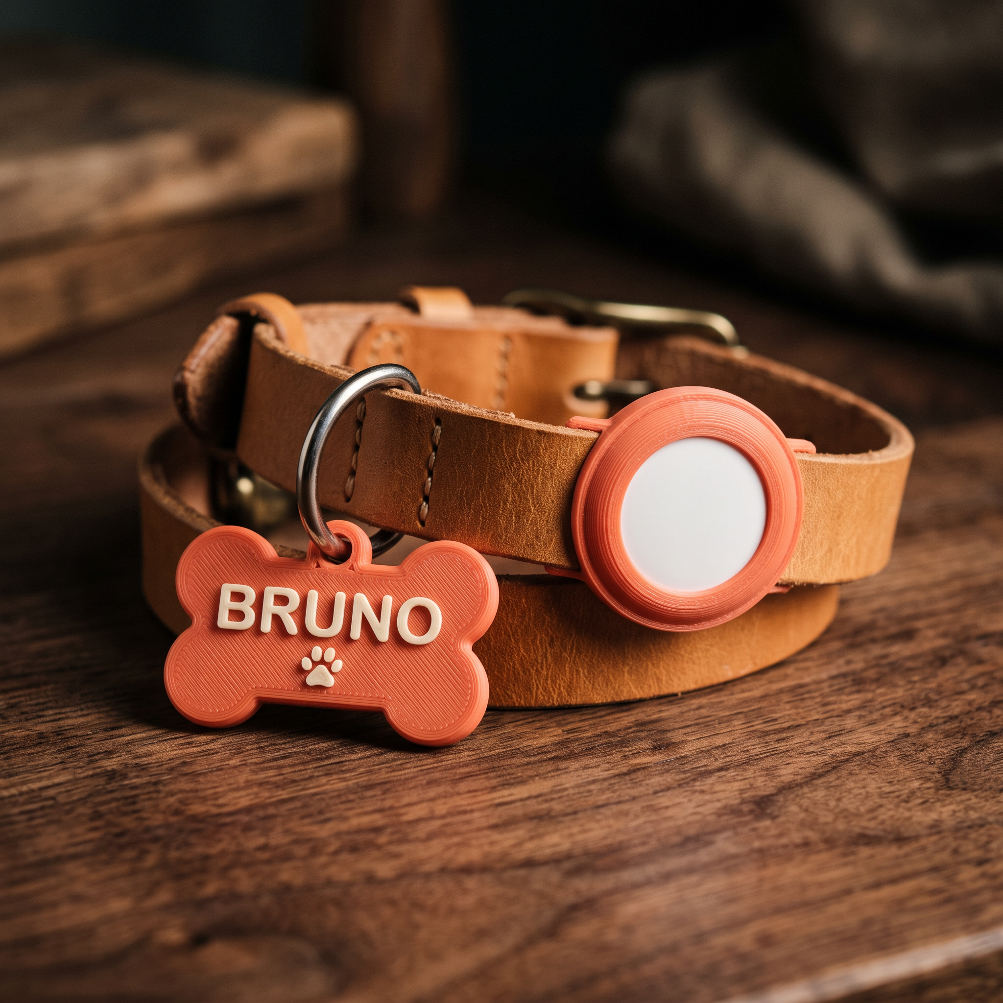 The Collar Set on a tan leather collar — a coral bone-shaped pet tag reading BRUNO with a paw print, and a matching coral AirTag holder in the same colour and finish, threaded onto the same strap