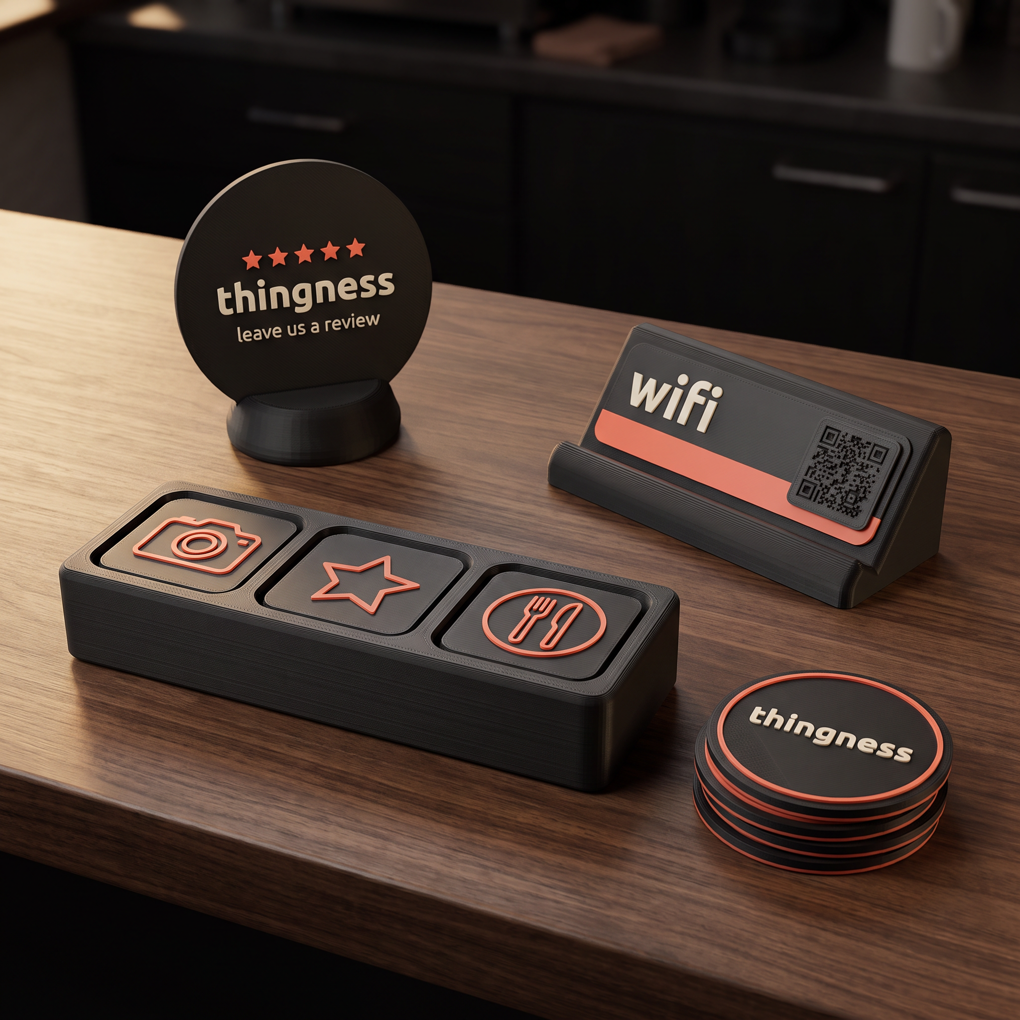 The Counter Kit on a cafe counter — the Social Tap Bar in front with camera, star and cutlery tiles seated flush in its three magnetic recesses, behind it the review disc reading thingness leave us a review, the wifi plaque with QR panel, and a stack of coral-ringed coasters