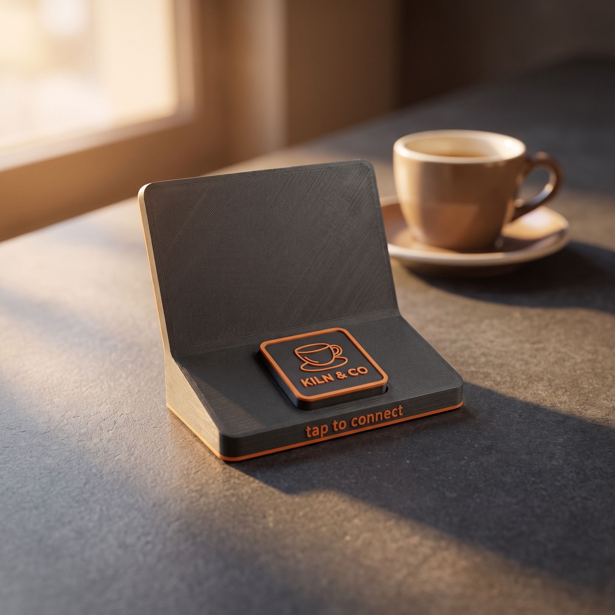Solo Tap Stand — single-tile NFC stand with a café logo tile on a counter