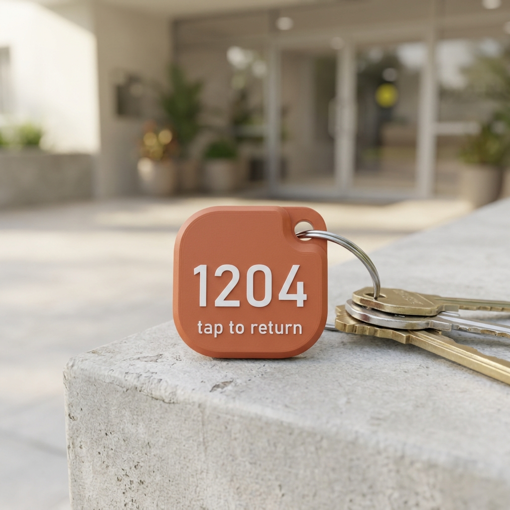 Terracotta 3D-printed society key tag reading 1204 and tap to return, on a bunch of keys at an apartment entrance