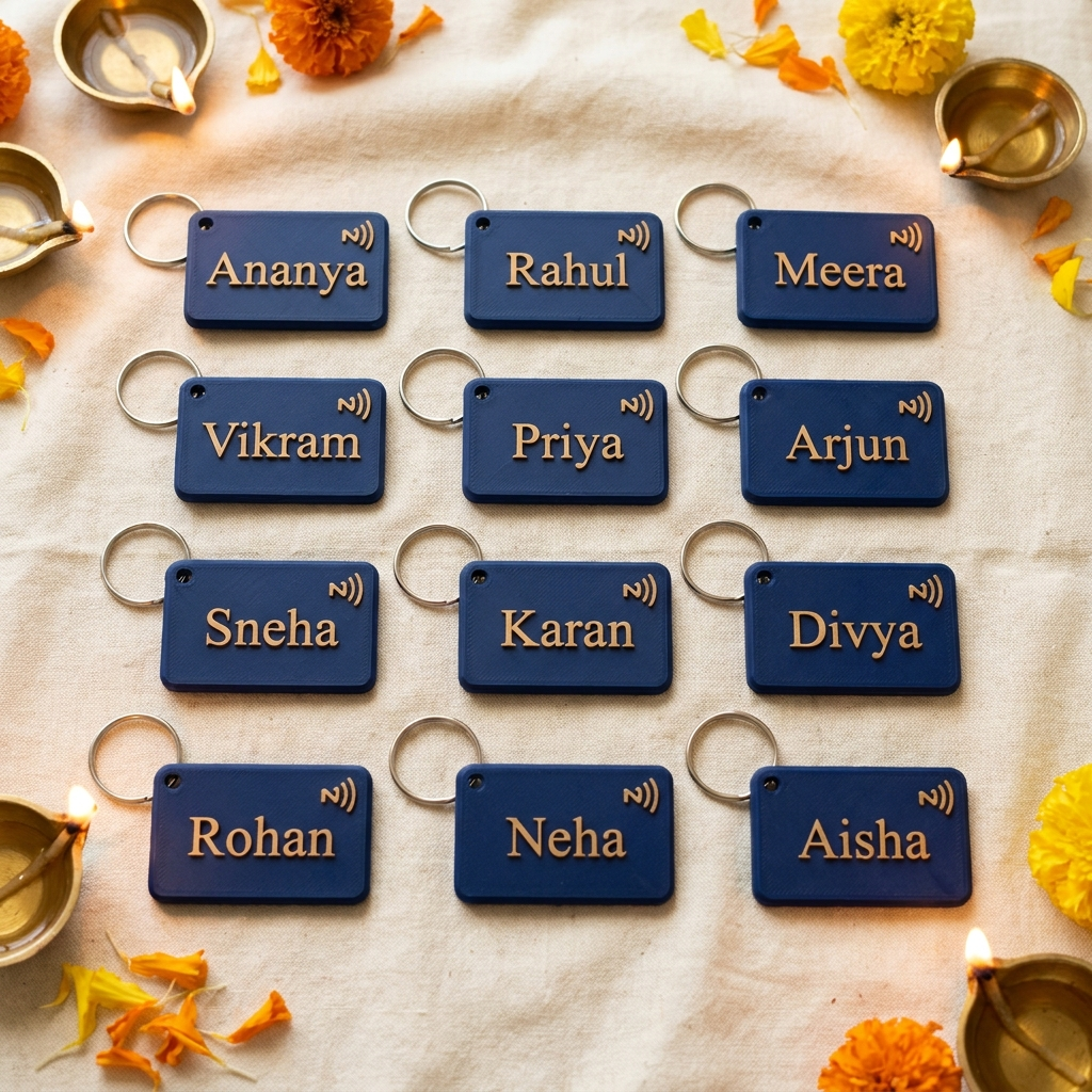 Twelve navy 3D-printed NFC keychains, each with a different team member's name, laid out among diyas and marigolds for Diwali gifting