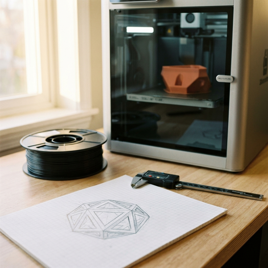 A sketch on grid paper, calipers and a filament spool in front of a 3D printer with a terracotta prototype on the bed