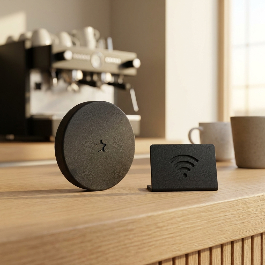 Matte black 3D-printed review disc and freestanding wifi plaque side by side on a cafe counter