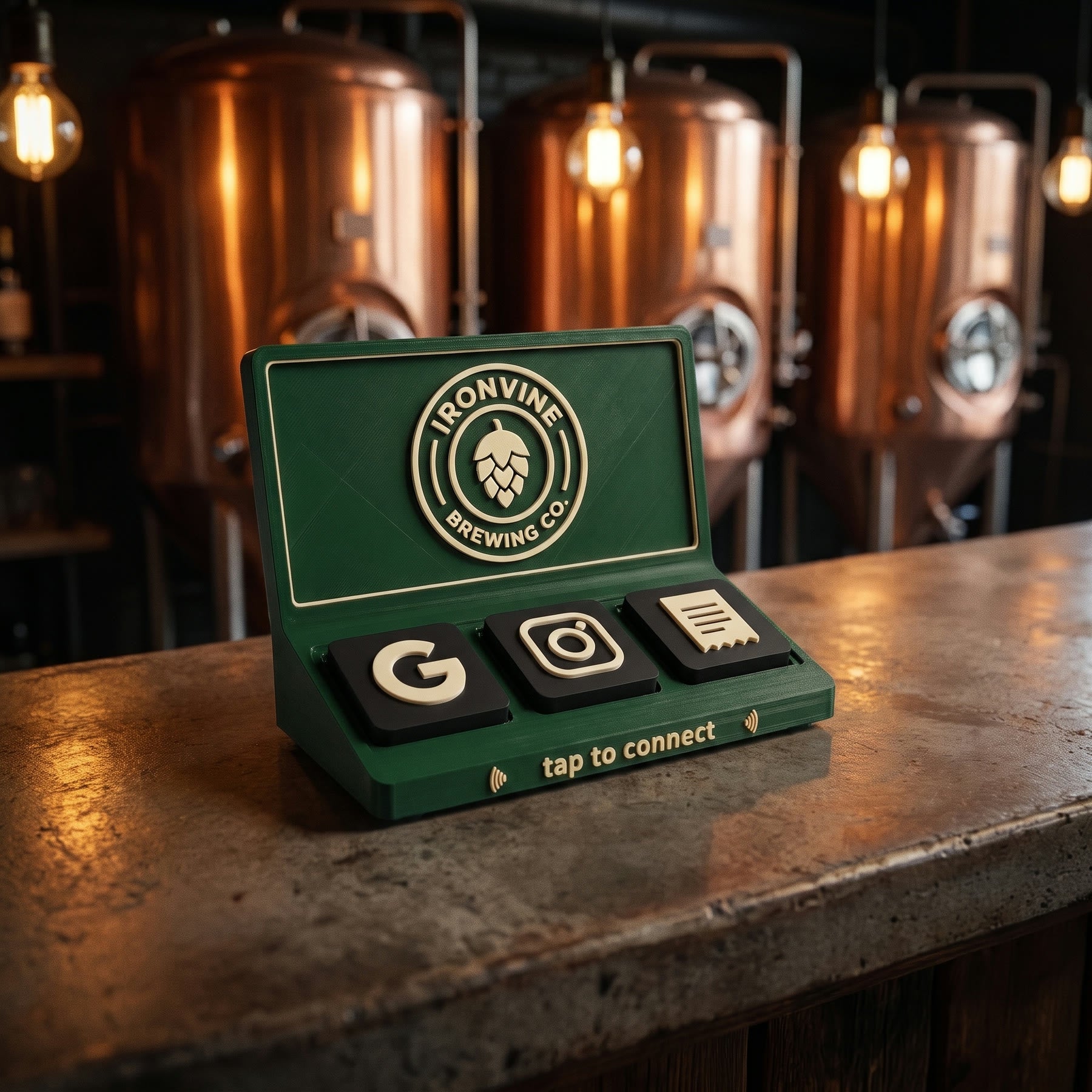 Social Tap Bar in deep green with a hop-cone badge logo on a brewery bar counter in front of copper fermentation tanks