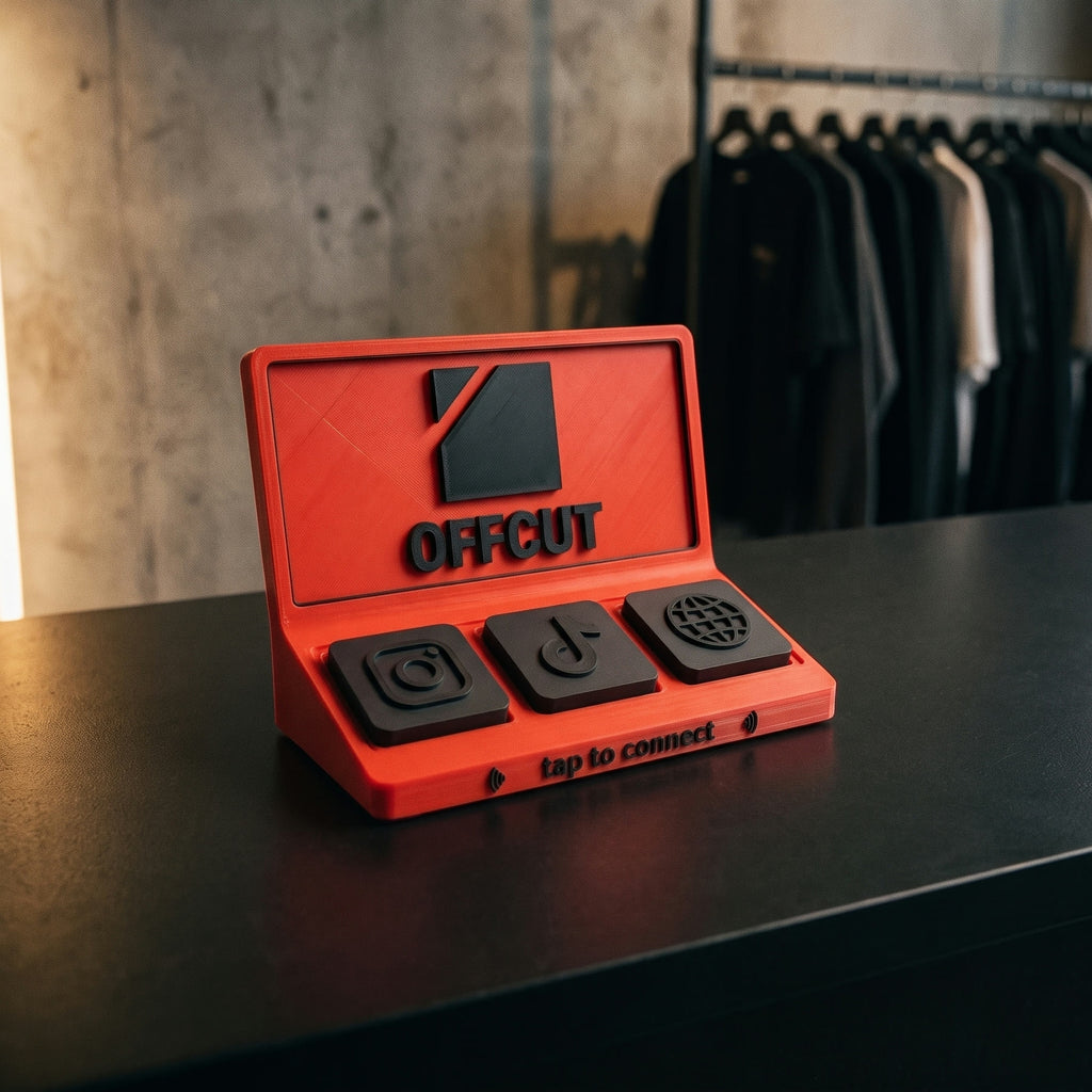 Social Tap Bar in signal red with a bold cut-corner mark on a dark streetwear boutique counter