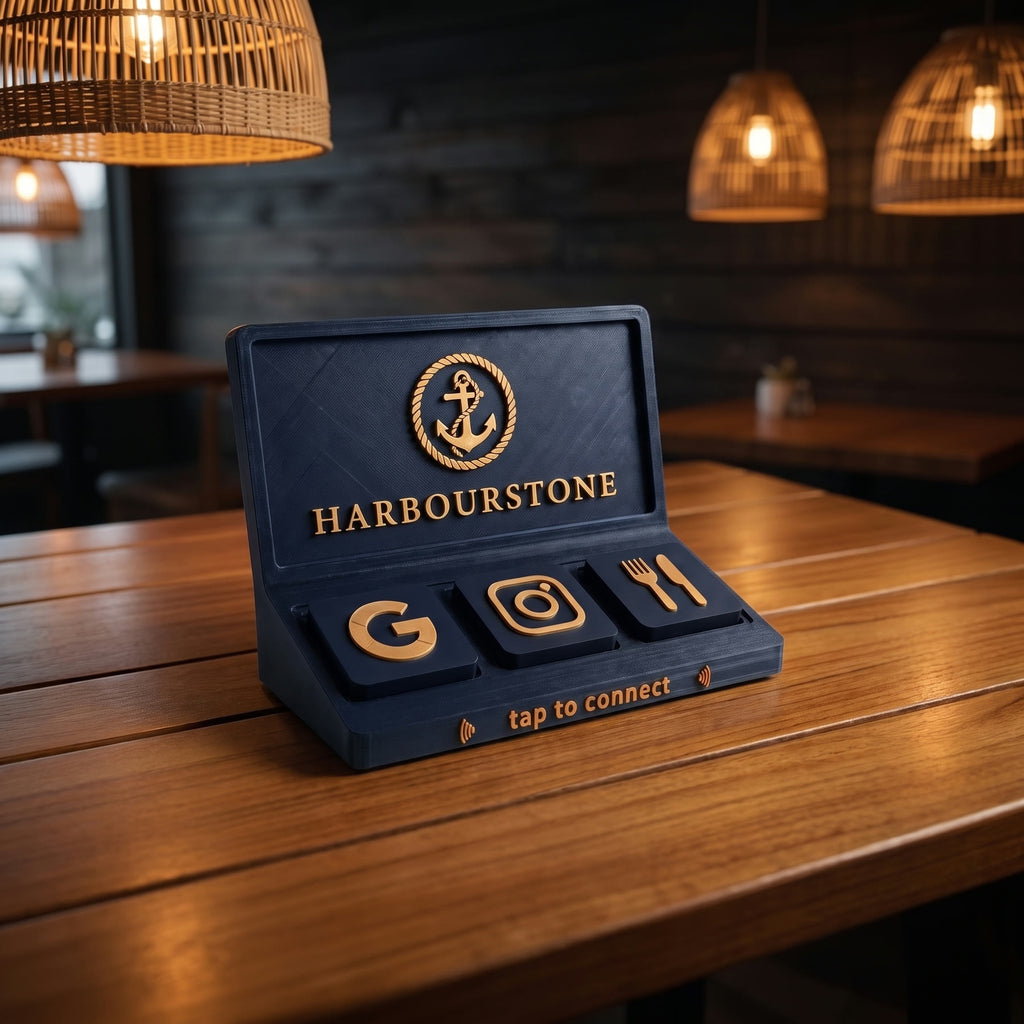 Social Tap Bar in navy and gold with an anchor mark on a polished teak table in a coastal restaurant