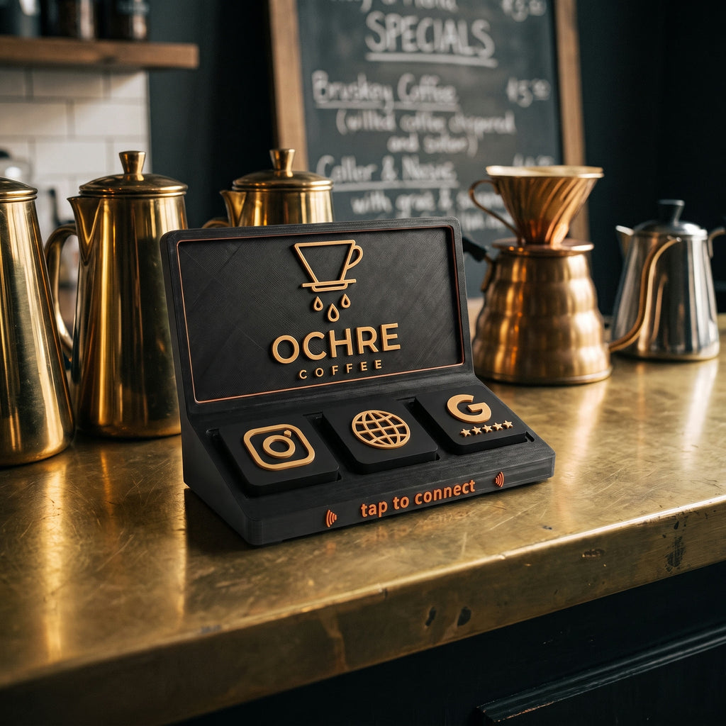 Social Tap Bar in black and gold with a pour-over mark on a brass counter in a coffee house