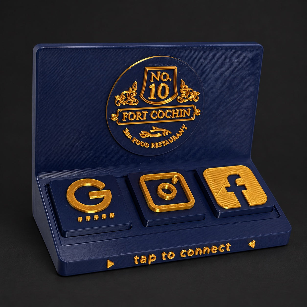 Social Tap Bar – Navy and gold restaurant design; real product photo with edited studio background.