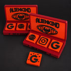 Social Tap Bar – Two red and orange cafe designs with a removable tile; real product photo with edited studio background.