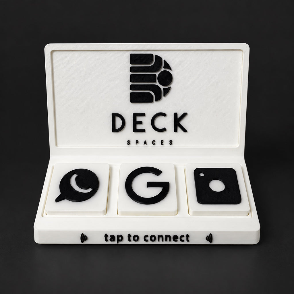 Social Tap Bar – White and black workspace design; real product photo with edited studio background.