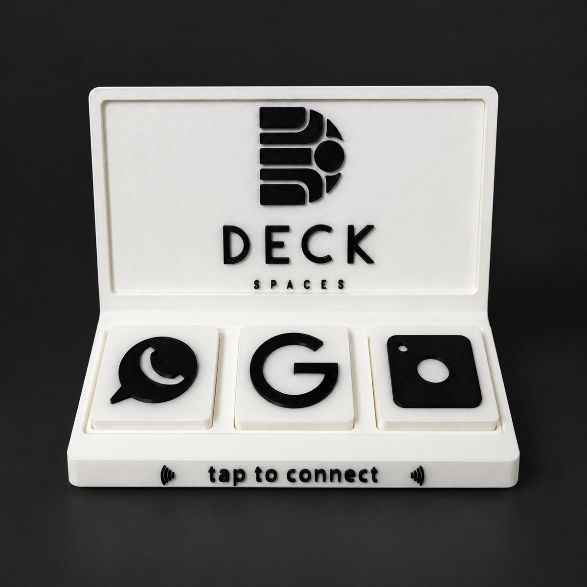 Social Tap Bar – White and black workspace design; real product photo with edited studio background.