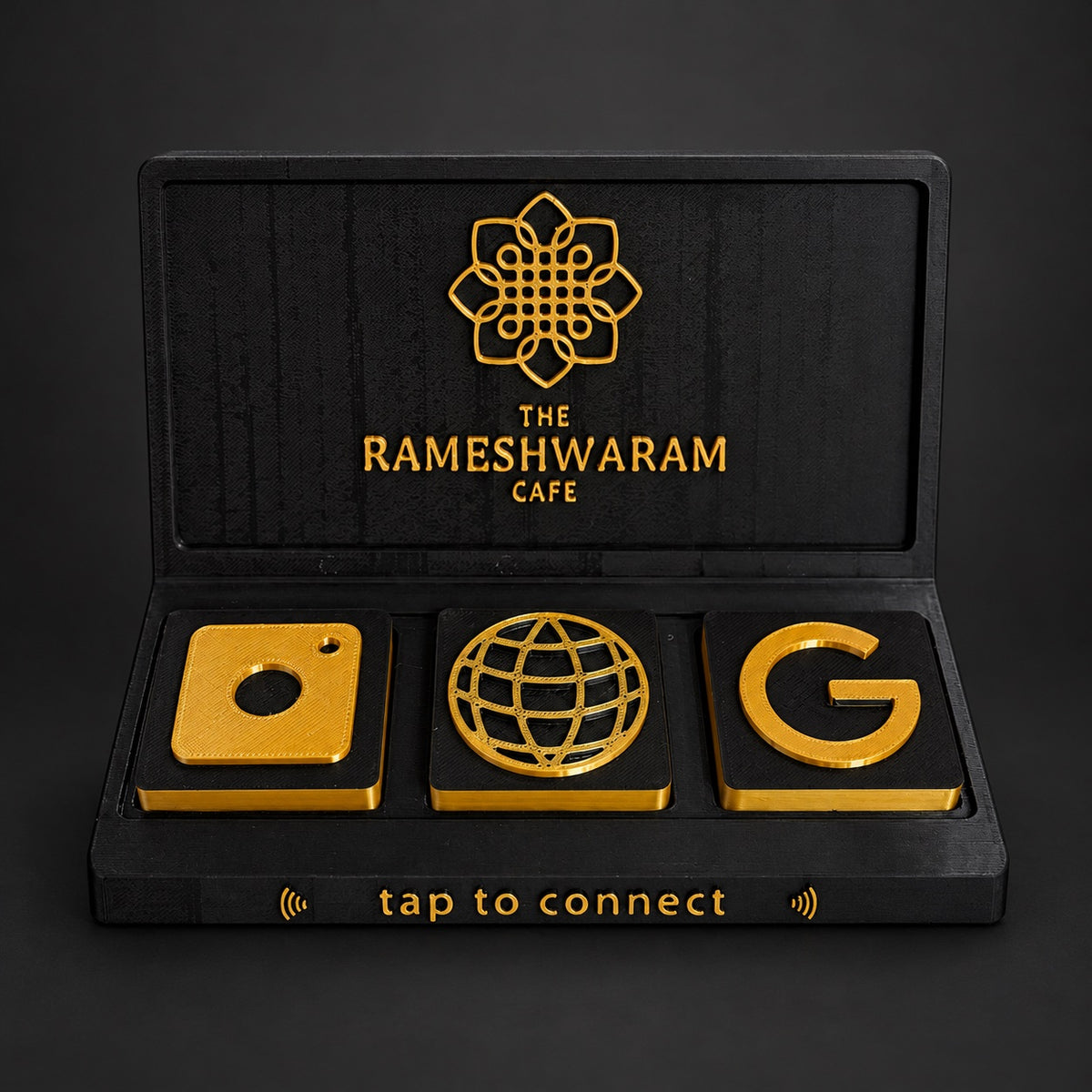 Social Tap Bar – Black and gold cafe design; real product photo with edited studio background.