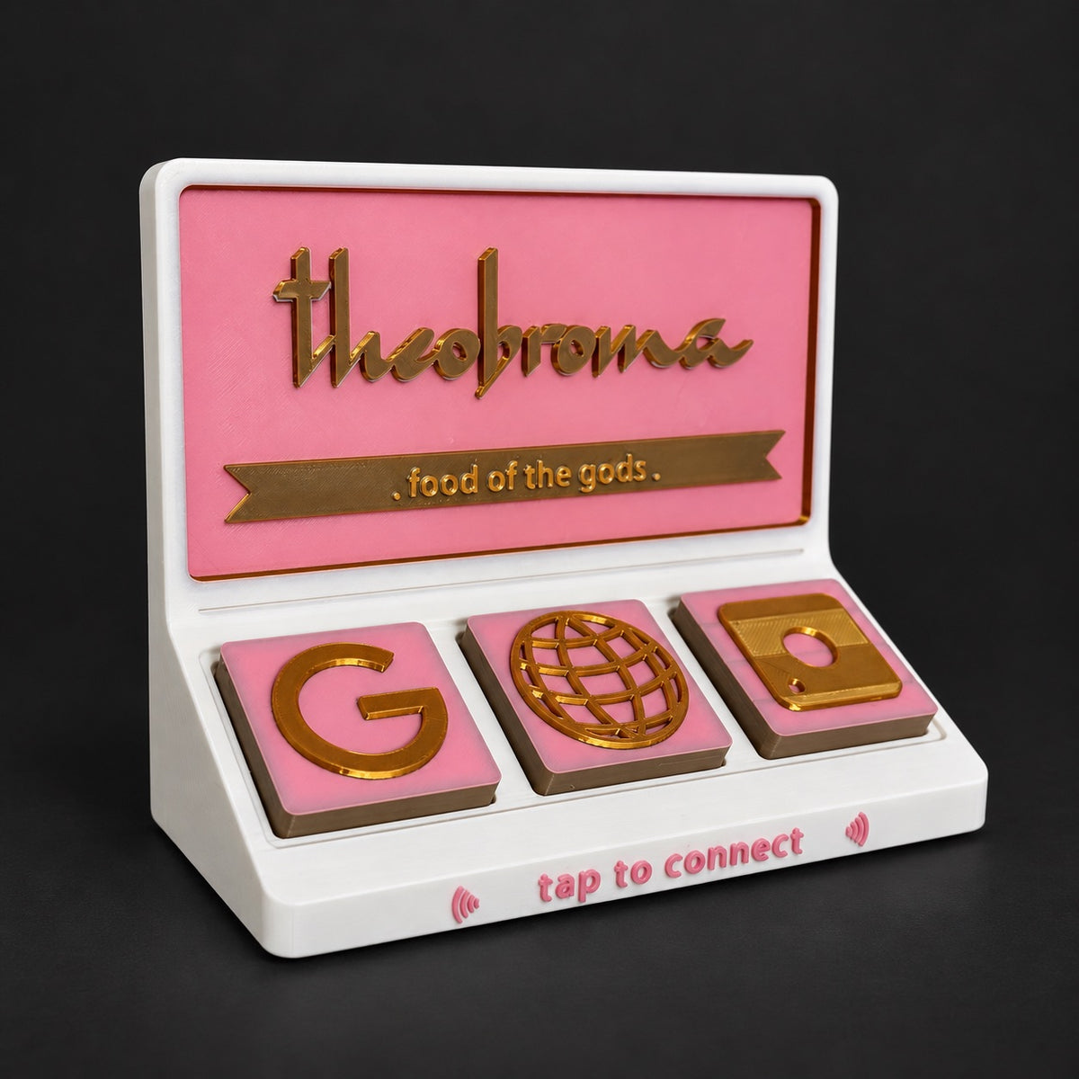 Social Tap Bar – Pink and gold bakery design; real product photo with edited studio background.