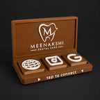Social Tap Bar – Brown and cream dental practice design; real product photo with edited studio background.