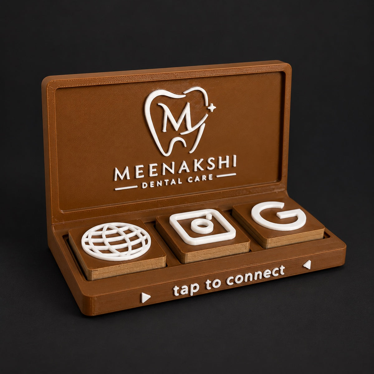 Social Tap Bar – Brown and cream dental practice design; real product photo with edited studio background.