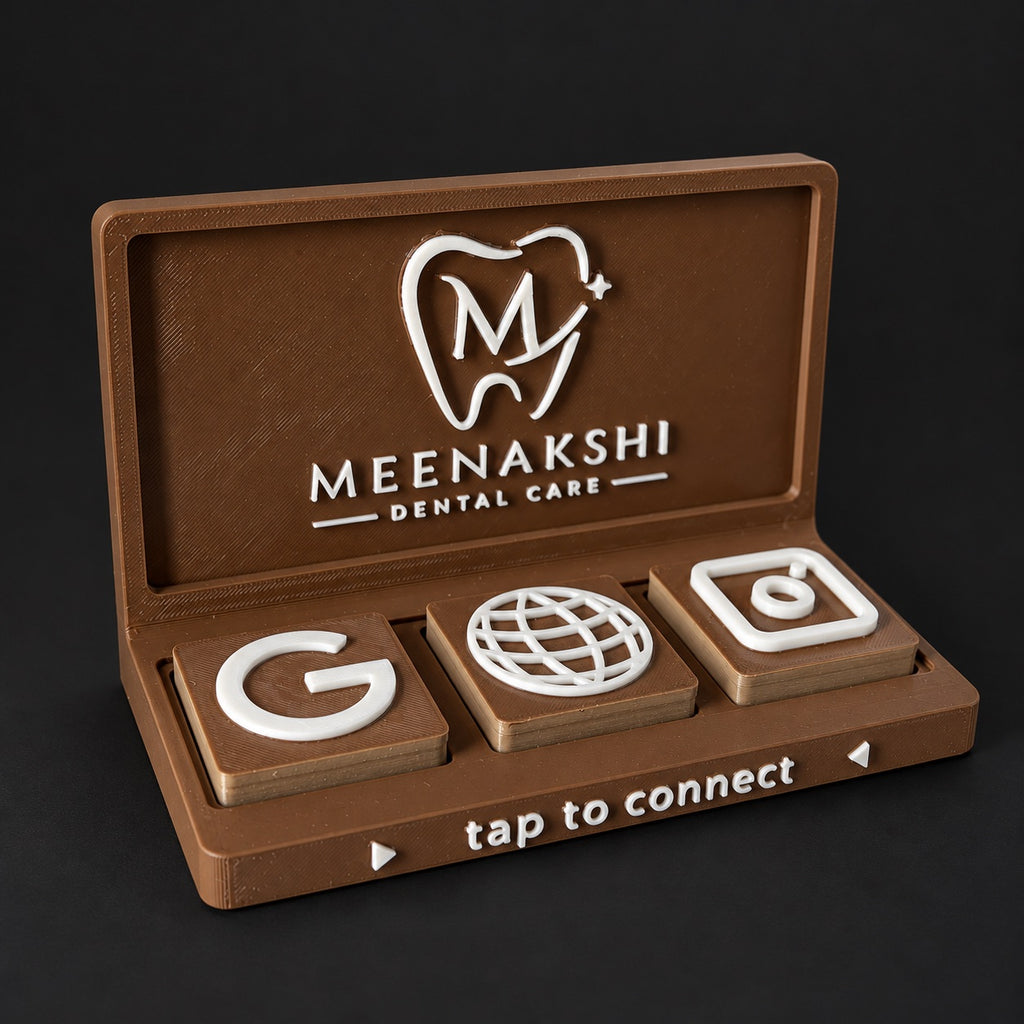 Social Tap Bar – Dental practice design, alternate tile arrangement; real product photo with edited studio background.