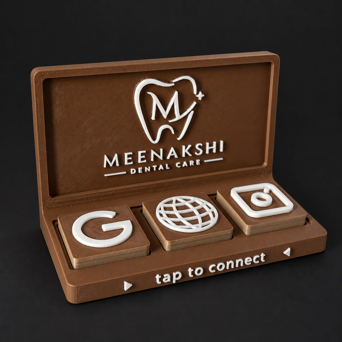 Social Tap Bar – Dental practice design, alternate tile arrangement; real product photo with edited studio background.
