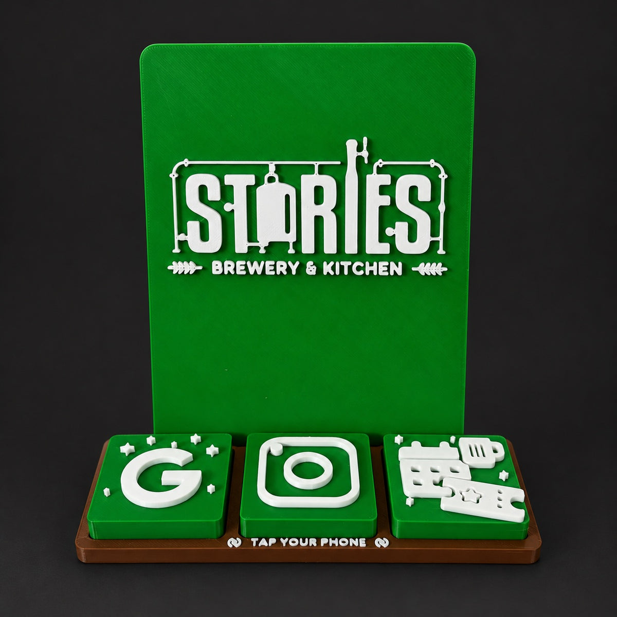 Social Tap Bar – Green tall brewery design; real product photo with edited studio background.