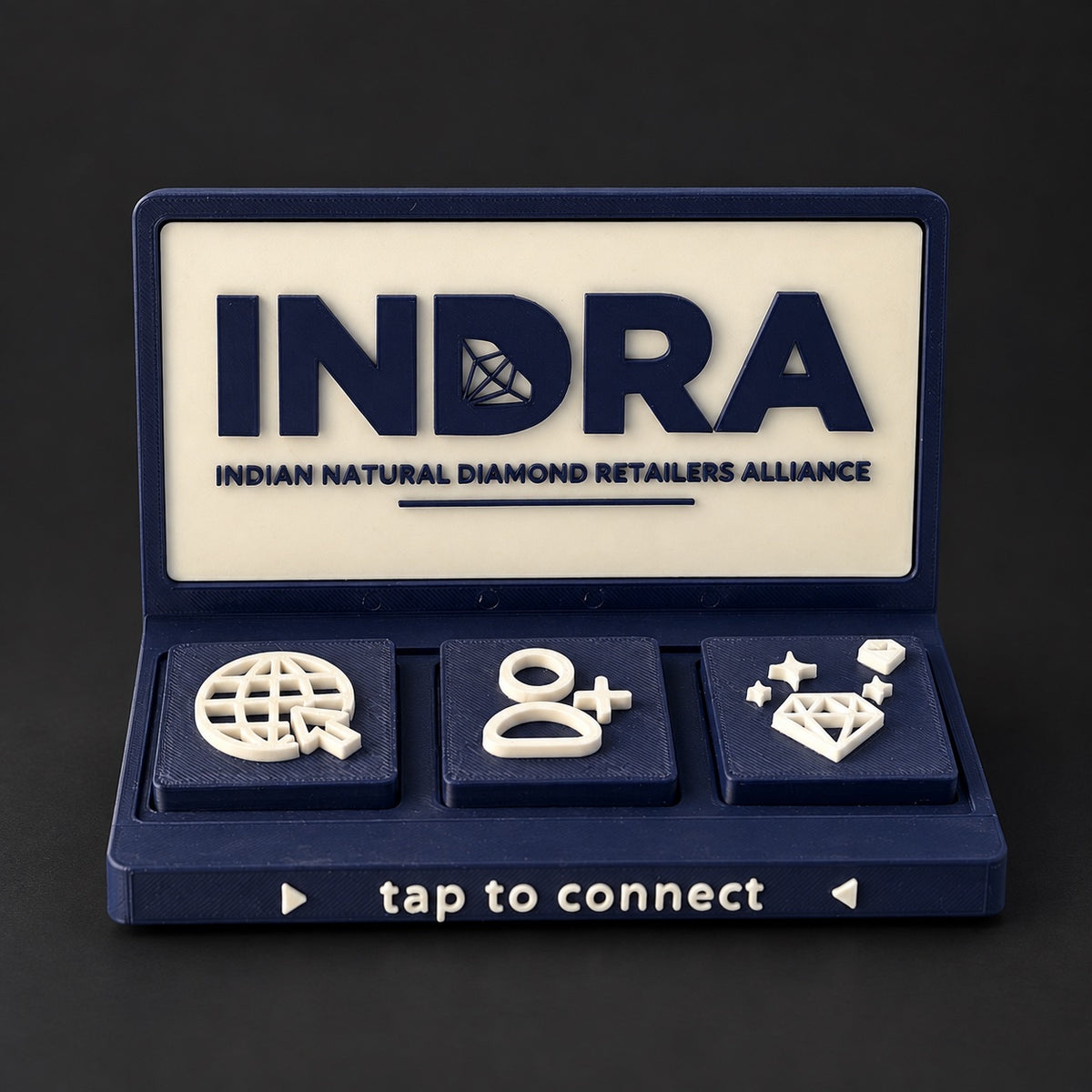 Social Tap Bar – Navy and cream wide design; real product photo with edited studio background.