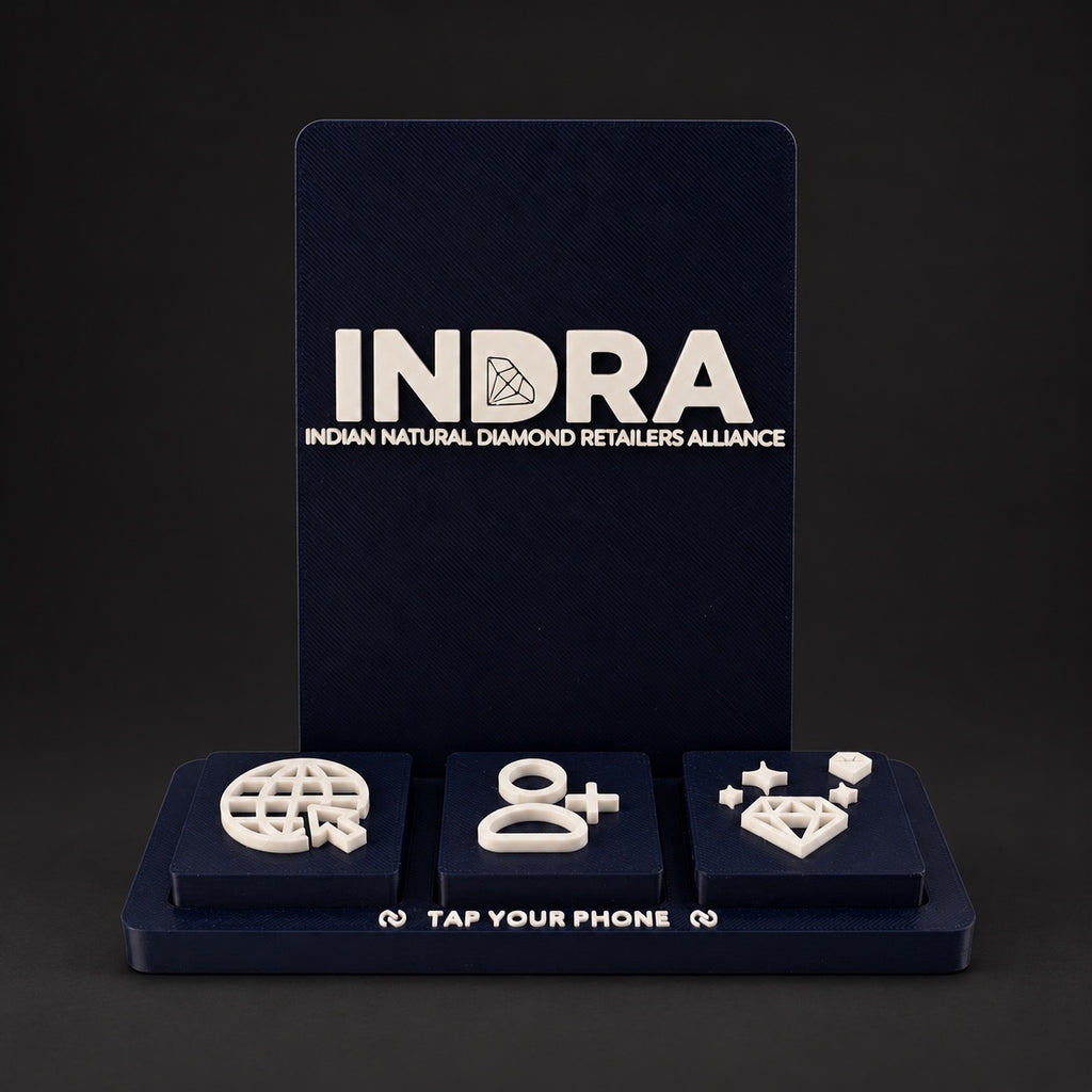 Social Tap Bar – Navy tall custom design; real product photo with edited studio background.